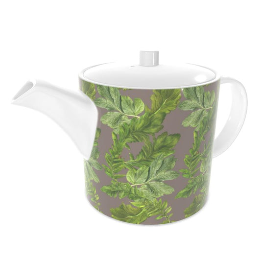 Teapot Hand-Painted Fine Bone China – Fresh Botanical Elegance - Taupe