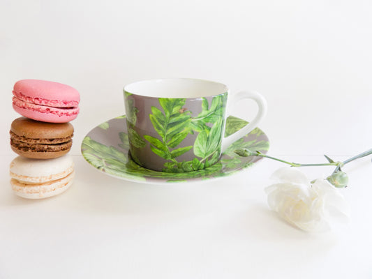 Cup Hand-Painted Fine Bone China Cup and Saucer Set - Taupe Grey