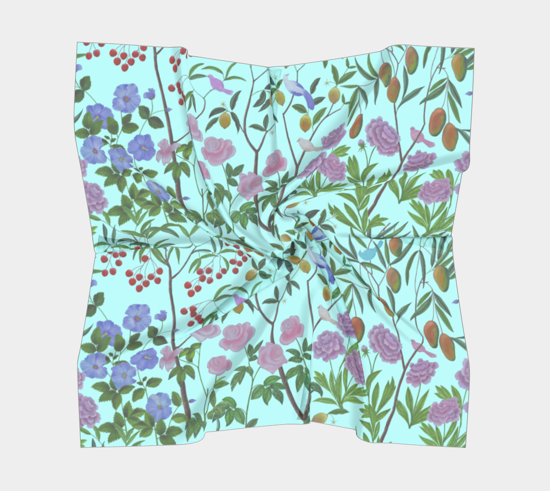 Square Scarf - The Garden Party - Aqua Blue - Silk